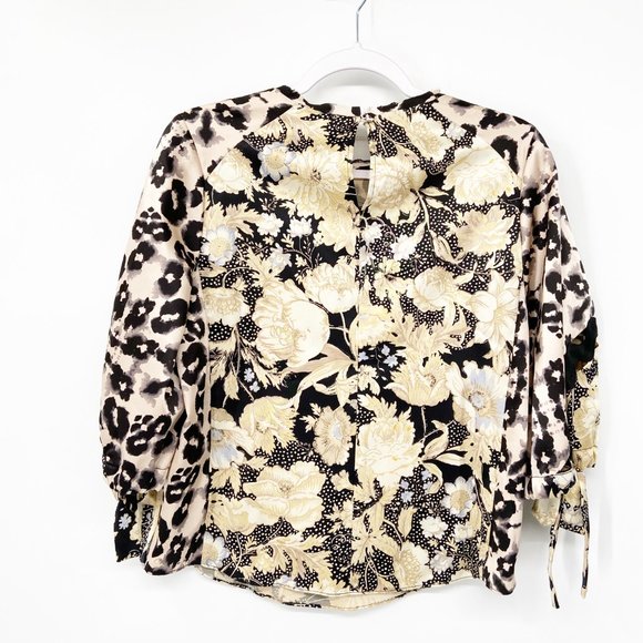 Rebecca Taylor Floral Contrast Silk Tie Blouse - Picture 7 of 7